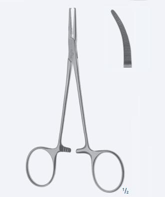 Зажими, гемостатичні, "Halstead Mosquito", делікатні, вигнуті, зубчаті щелепи, довжина 125 мм, 5". Бренд - Asanus Medizintechnik Gmb, Німеччина